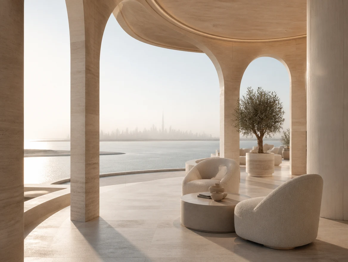 An ivory penthouse terrace overlooking the waterfront