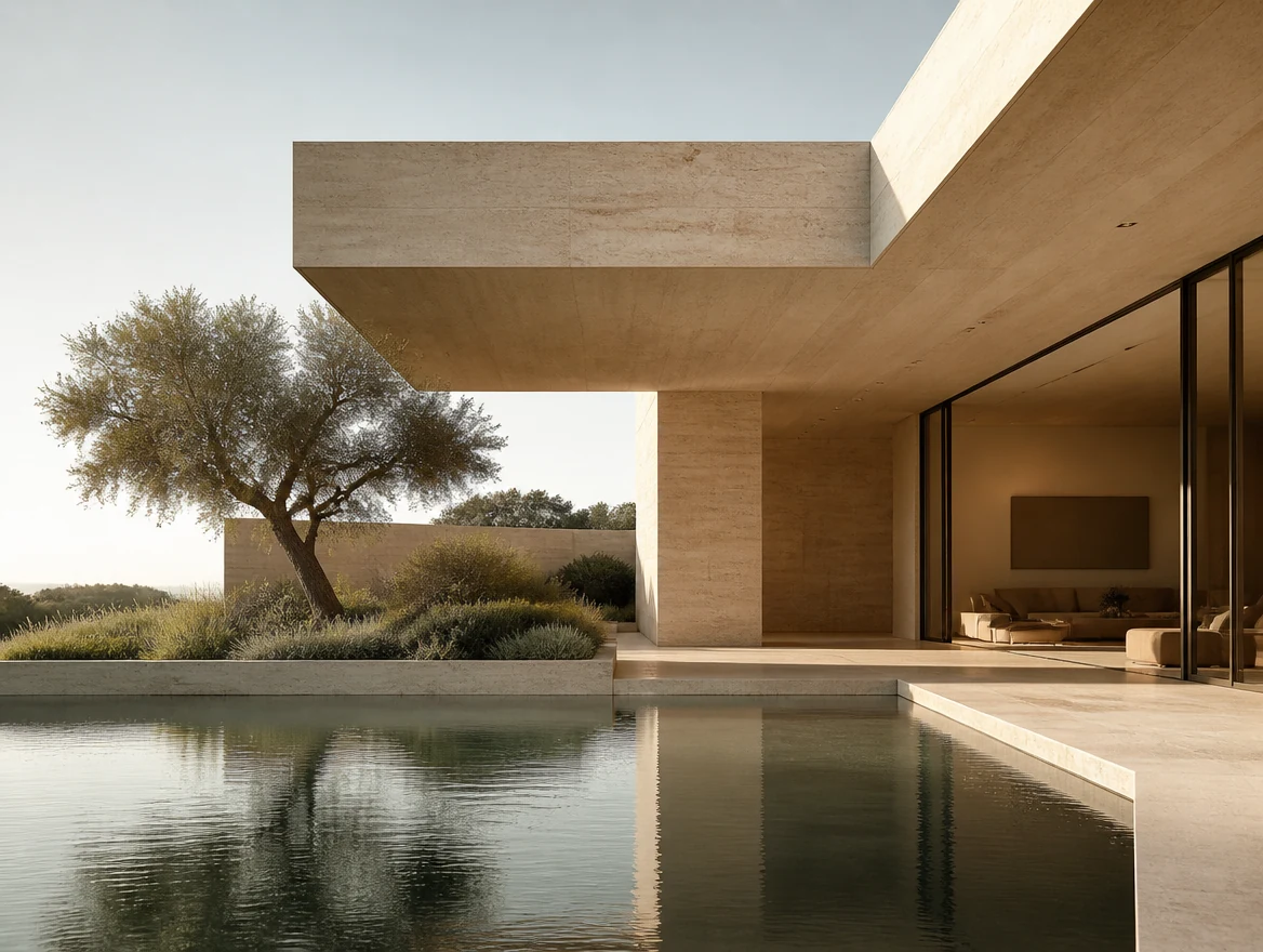 A pale stone villa opening onto a sunlit swimming pool