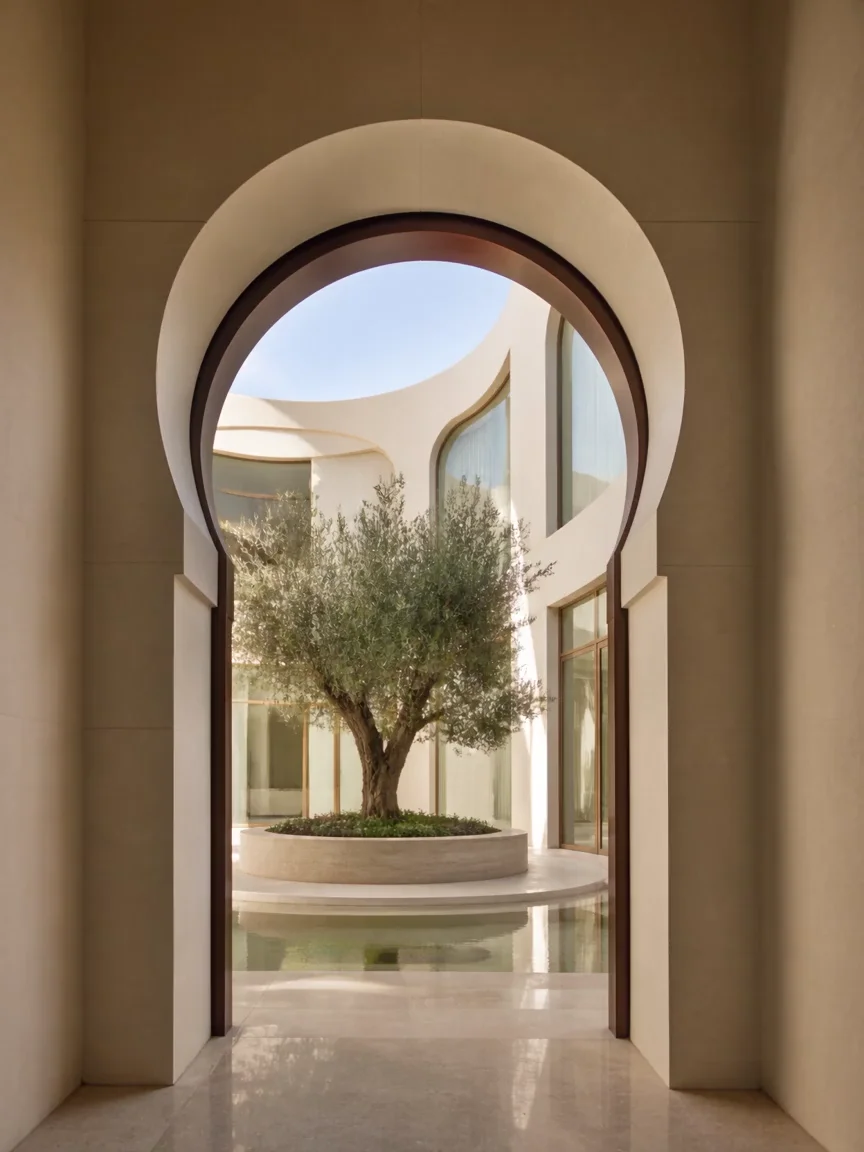 Moving through a limestone arch into a bright, welcoming courtyard
