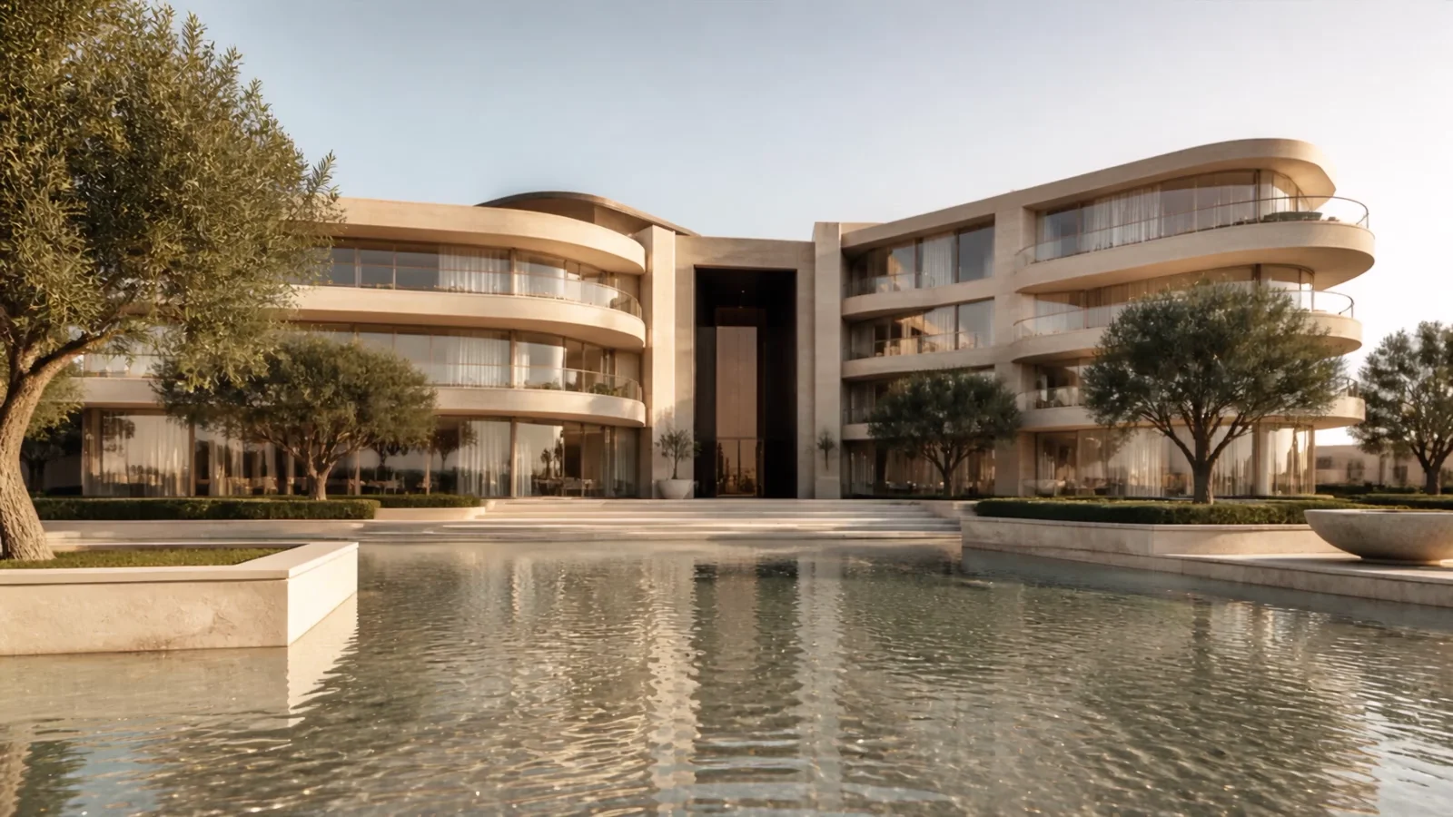 A sunlit travertine residence reflected in a still waterfront pool